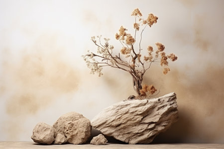 Beautiful beige background made of natural materials composition includes an empty podium a tree a sの素材