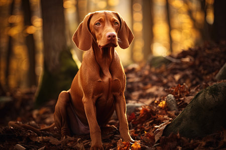 Autumnal forest captures Hungarian Vizsla amidst leaf fall creating a captivating photo in natureの素材