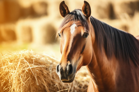 Beautiful bay horse eating dry harvested hay on a warm summer day illuminated by sunlight Farm livesの素材