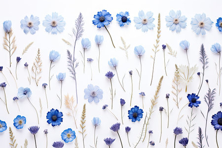 Blue dried flowers arranged on a white surface in a top down viewの素材