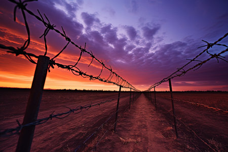 Barbed wire and Twilight sky evoke silence loneliness and longing for freedomの素材