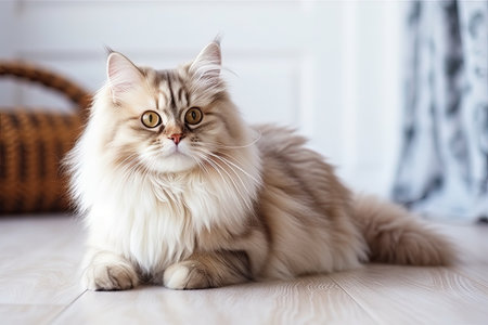 Beautiful long haired Siberian cat sitting on a hardwood floor in the living room close up with a whの素材