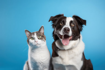 Blue background banner British Shorthair kitten and border collie dog with happy expression facing cの素材