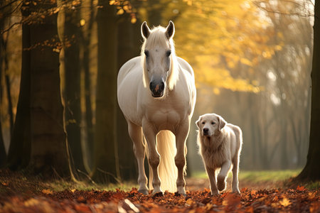 Autumnal bring white horse by dogの素材