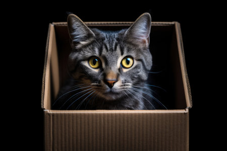 Beautiful purebred cat sitting in carton box isolated on white background representing domestic animの素材