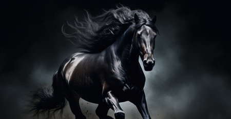 Black horse galloping in darknessの素材