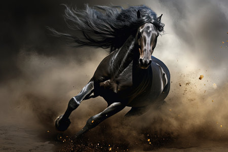 Black horse running through dusty clouds of darknessの素材