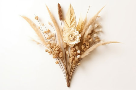 Beige dried flowers brown paper reeds and branches arranged on a white background in a floral designの素材