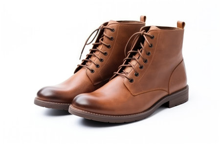 Brown leather boots for men on white backgroundの素材