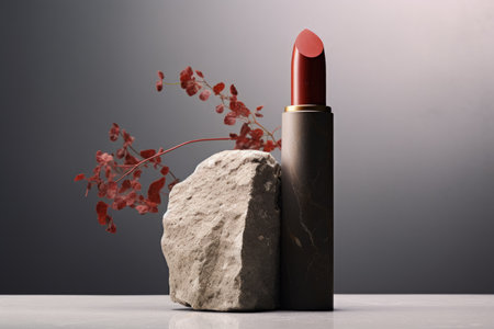 Beauty products showcased in a natural and abstract composition with a lipstick tube on a stone podiの素材
