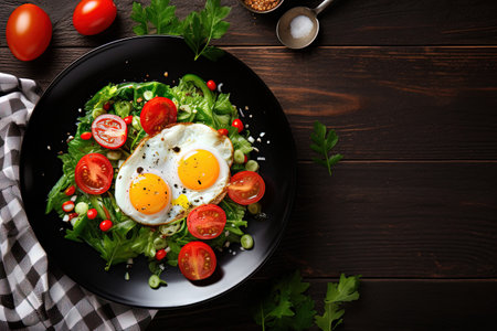 Breakfast with fried eggs salad with cherry tomatoes green peas and salt on a black plate Homemade mの素材