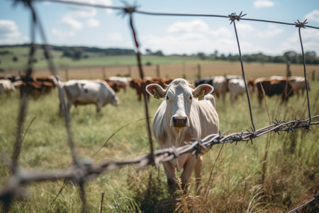 Barbed wire fence at dairy farm boundary with cattle in the backgroundの素材