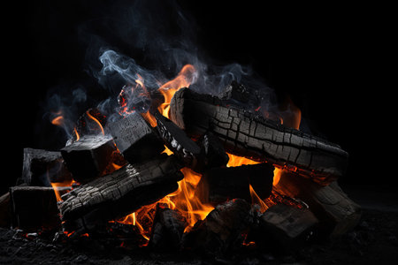 Charcoal burning on black background with space for textの素材