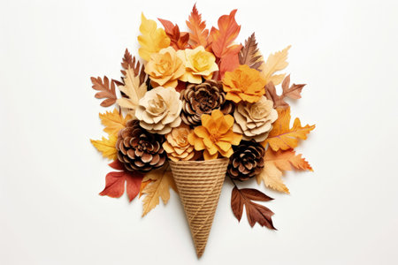 Autumn leaves bouquet on white background flat lay top view with waffle coneの素材