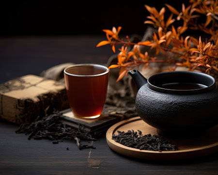 Brewing tea tea ceremony a cup of black tea warm light darker backgroundの素材
