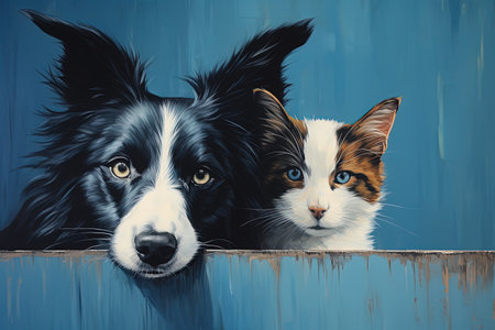 Border collie dog with cat hiding behind against blue backgroundの素材