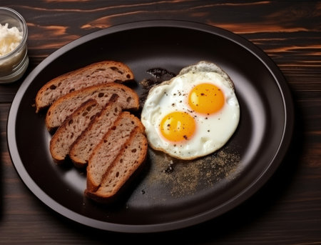 Bread slices fork salt shaker sausage pieces fried egg wooden tableの素材