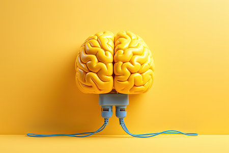 Charging the brain and resting the mind with a plugged in cable amidst yellow meandering plastilineの素材