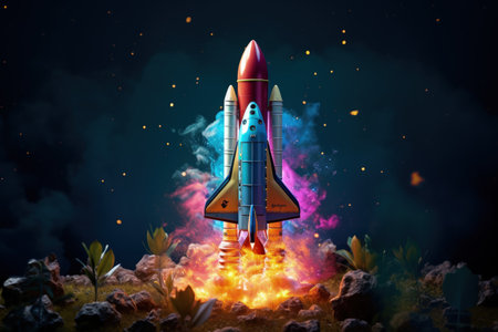 Business concept of a spaceship launch in the starry sky using mixed mediaの素材