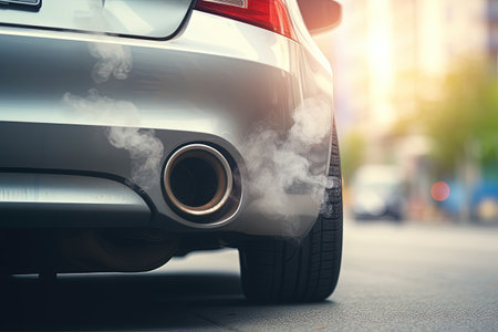 Car emitting white smoke from the exhaust pipe Harmful PM2 5 in toxic air pollution Controlling vehiの素材