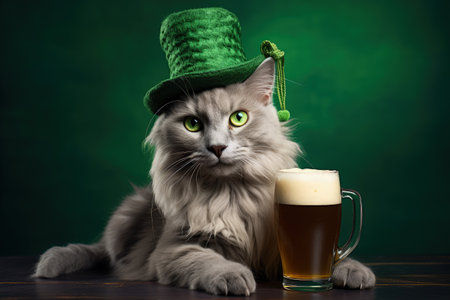 Cat in St Patrick s Day hat with beer and blank signの素材