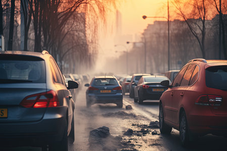 City air pollution from car exhaust during cold days environmental pollutionの素材
