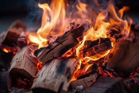 Close up of burning wood log with hot embers on grill creating a textured fire bonfireの素材