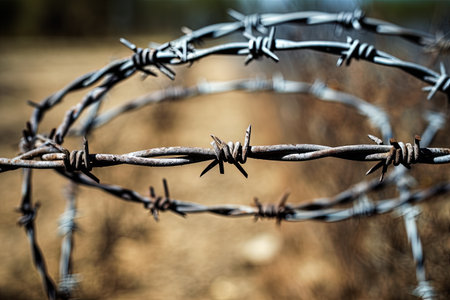 Closeup circular background of barbed wire used for fences property security and territory demarcatiの素材