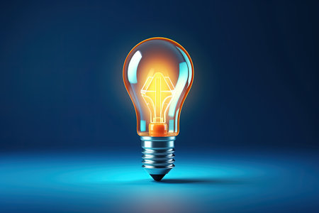 Creativity and ambition towards success symbolized by a rocket lightbulb on a blue backgroundの素材