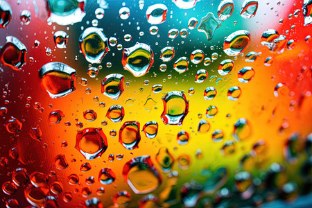 Colorful soap and water droplets create an abstract texture on a car windshield in an auto washの素材