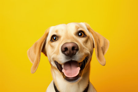 Cheerful dog portrait on bright yellow backdropの素材
