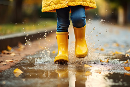 Child wearing yellow rubber boots jumps in a post rain puddle surrounded by street umbrellasの素材