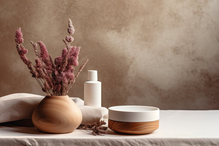 Cosmetic products displayed on a wooden podium with dried flowers in a white jarの素材