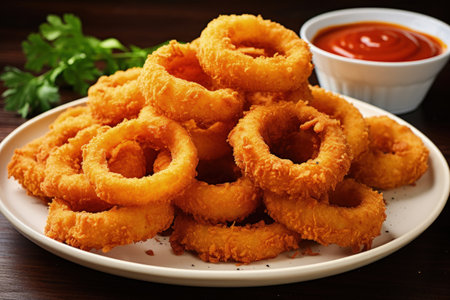 Close up side view of golden deep fried onion rings on white platter accompanied by tomato sauce inの素材