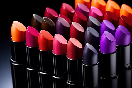 Colorful lipsticks and lipgloss on a black background showcasing a professional makeup palette and tの素材