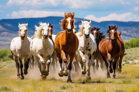 Colorful horses run in front of the Pryor Mountains in Montanaの素材