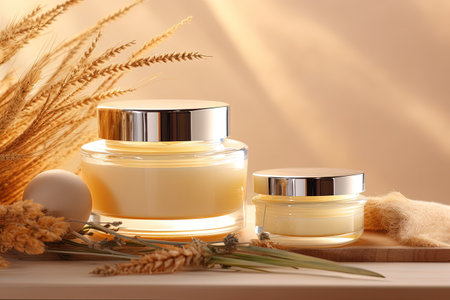 Collagen cream beauty oil dry flowers reeds beige background wooden podiums An arrangement for skinの素材