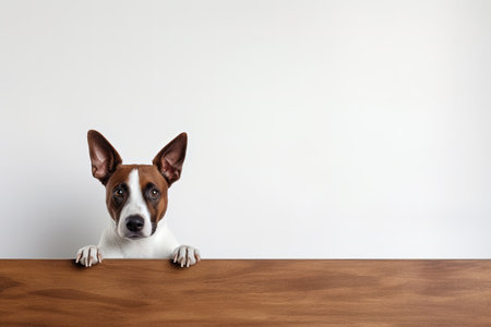 Cute basenji dog holding a big blank sign in a white studio with rustic wooden flooringの素材