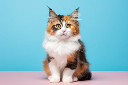 Cute cat sitting in front of blue background looking at camera Young female kittenの素材