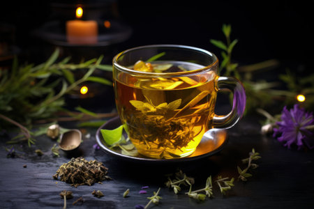 Dark background with assortment of herbs in herbal tea cupの素材