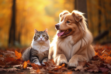 Dog and cat sitting together in autumn forestの素材