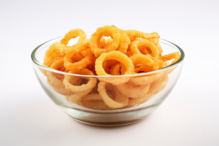Delicious onion rings in a bowl on a white backgroundの素材