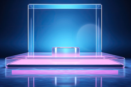 Empty stage with holographic neon background and water filled glass beads as a surreal setting for pの素材