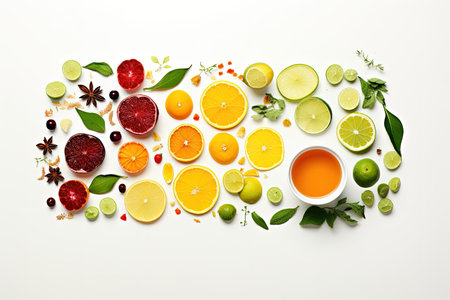 Food concept tea themed flat lay featuring a creative arrangement of various teas including green blの素材