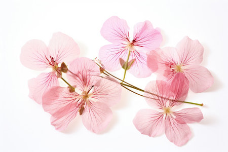 Dried and pressed delicate geranium flowers transparent and isolated on white background Suitable foの素材