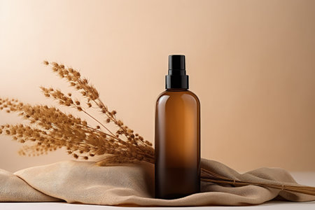 Design of natural cosmetics products on beige background with dried flax flowersの素材