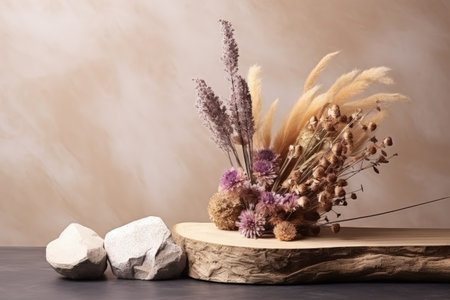 Empty podium made of wood and stone with dried flowers Product presentation on beige background Beauの素材