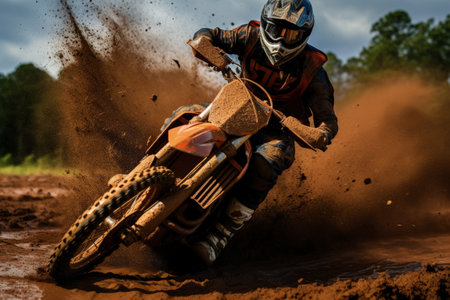 Dirt kicks up in the air as motocross speeds byの素材