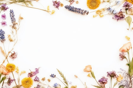 Dried flowers creating a frame on a white background Overhead perspectiveの素材