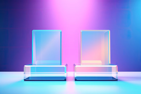 Empty stage with two clear glass rectangle prism podiums on pastel neon holographic colored backgrouの素材